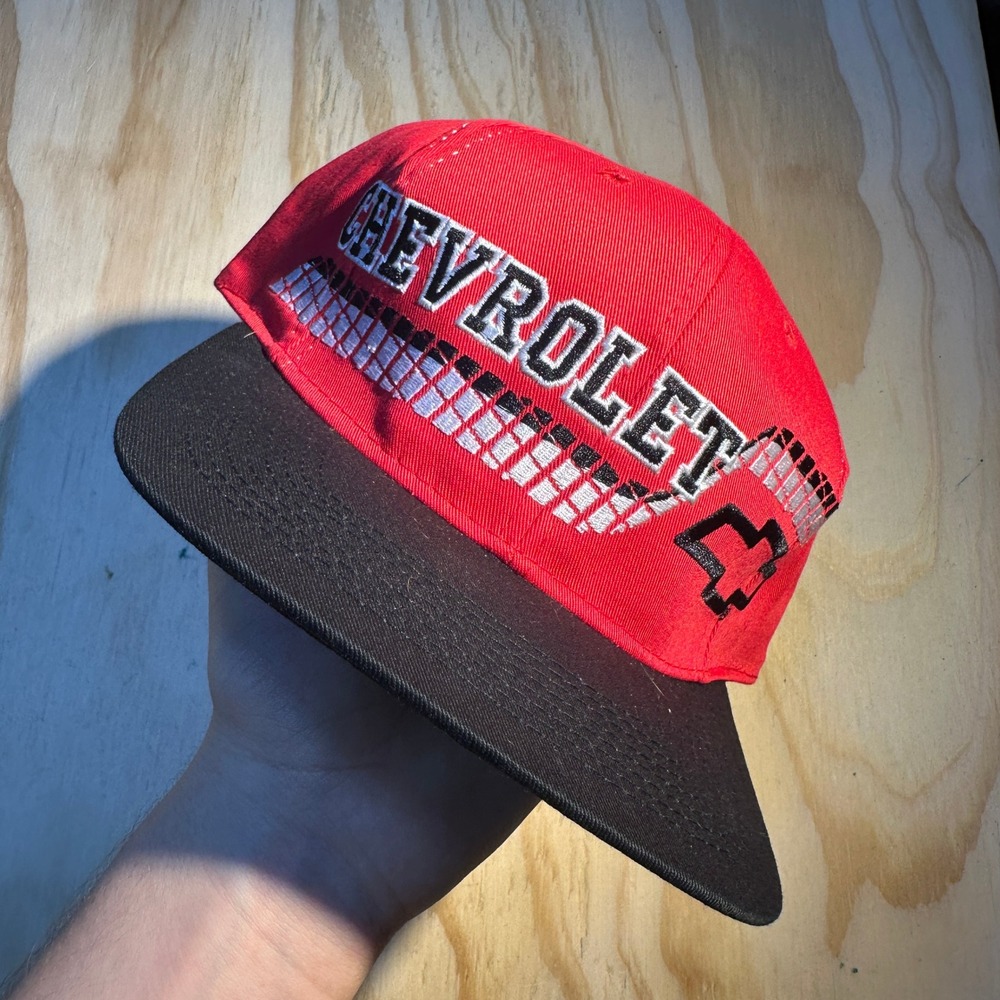 Chevrolet Mens Red Black Embroidered Snapback Trucker Hat OSFM Competitors View